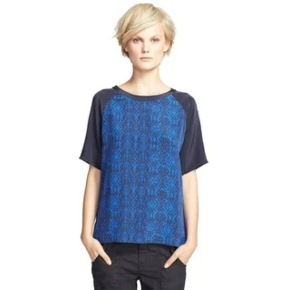 Vince 100% Silk Patterned Blouse Top Blue Small $130
